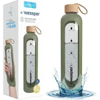 Wessper Drinkfles Glas met Siliconen Hoes, Motiverende Tijdmarkeringen om te Drinken, Herbruikbare, Lekvrije Sportglazen Waterfles, Transparante waterfles, Voor heren vrouwen kinderen 1 L - Olive