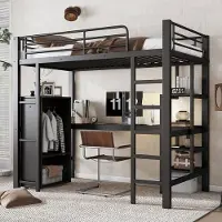 Merax Hoogslaper - stapelbed - met bureau en kledingkast - ladder met vijf treden - zwart - 90x200cm - zonder matras