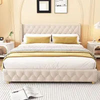 Merax 160 x 200 cm Gestoffeerd bed - Tweepersoonsbed - Houten poten - Zonder matras - Fluweel - Beige