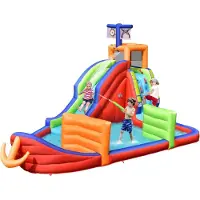 Costway 6-in-1 springkasteel met waterglijbaan, klimwand, dartspel, speelzwembad, ringworp & waterpistolen, outdoor springslot voor kinderen, 460 x 310 x 290 cm