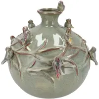 DK Design Vaas Spring birds - mosgroen - keramiek - D29 x H28 cm - bloemenvaas