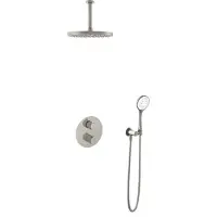 Hotbath Cobber IBS20A inbouw regendoucheset met ronde handdouche aan houder en 30cm ronde hoofddouche aan 15cm plafondarm geborsteld nikkel