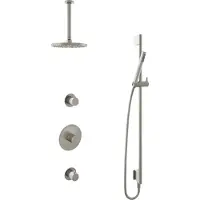 Hotbath Cobber IBS20 inbouw regendoucheset met staafhanddouche aan glijstang en 20cm ronde hoofddouche aan 30cm plafondarm geborsteld nikkel