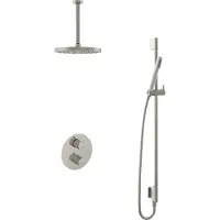 Hotbath Cobber IBS20A inbouw regendoucheset met staafhanddouche aan glijstang en 25cm ronde hoofddouche aan 30cm plafondarm geborsteld nikkel