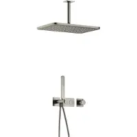 Hotbath Gal IBS41 inbouw regendoucheset met staafhanddouche aan houder en 27x40cm rechthoekige hoofddouche aan 15cm plafondarm geborsteld nikkel