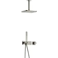 Hotbath Gal IBS41 inbouw regendoucheset met staafhanddouche aan houder en 22cm vierkante hoofddouche aan 15cm plafondarm geborsteld nikkel