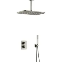 Hotbath Gal IBS40A inbouw regendoucheset met staafhanddouche aan houder en 27x40cm rechthoekige hoofddouche aan 15cm plafondarm geborsteld nikkel
