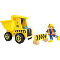 Hape Kipwagen Vrachtwagen met Houten Figuur en Wegafsluiting - Speelgoed Bouwvoertuig vanaf 2 Jaar