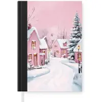 MuchoWow Notitieboek - Schrijfboek - Kerstdorp - Roze - Winter - Sneeuw - Huizen - Notitieboekje klein - A5 formaat - Schrijfblok - Kerst - Cadeau - Kerstcadeau voor mannen, vrouwen en kinderen