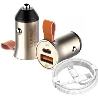 LDNIO Auto Oplader - USB C naar USB C Kabel (1.5M) wit & Auto Stekker - USB A & C Snel Lader 30W - PD20W/QC3.0 Autolader
