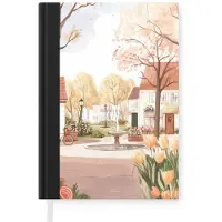 MuchoWow Notitieboek - Schrijfboek - Dorpsplein - Fontein - Tulpen - Notitieboekje klein - A5 formaat - Schrijfblok