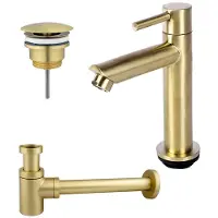 FortiFura Calvi fonteinkraanset met staande fonteinkraan laag, always open plug en design sifon Geborsteld Messing PVD (Goud) SW696238 / SW696208 / SW696218