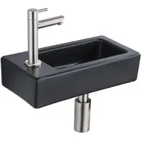 Qeramiq Fuente fonteinset – 37.5x18.5x9 cm – keramiek zwart mat – kraangat links – kraan geborsteld RVS SW1122451/SW696207/SW696217/SW696237