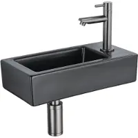 Qeramiq Fuente Fonteinset - 37.5x18.5x9cm - keramiek - kraangat rechts - fonteinkraan gunmetal - afvoerplug - verlaagd sifon - Mat Zwart SW1122447/SW769487/SW767295/SW696239
