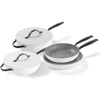 BE Living 4-delige Pannenset - Ø 24 & 28 cm Koekenpan + Ø 30 cm Wokpan + Ø 28 cm Hapjespan - Bakpan - Keramisch - PFAS Vrij Anti Aanbak - Inductie Pannen - Wit - Essential Series