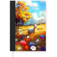 MuchoWow Notitieboek - Schrijfboek - Schaap - Weide - Bloemen - Notitieboekje klein - A5 formaat - Schrijfblok