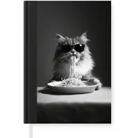 MuchoWow Notitieboek - Schrijfboek - Langharige kat - Zonnebril - Spaghetti - Humor - Zwart - wit - Notitieboekje klein - A5 formaat - Schrijfblok