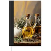 MuchoWow Notitieboek - Schrijfboek - Stilleven - Olijfolie - Knoflook - Kruiden - Notitieboekje klein - A5 formaat - Schrijfblok