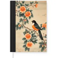 MuchoWow Notitieboek - Schrijfboek - Vogel - Tak - Bloemen - Oranje - Notitieboekje klein - A5 formaat - Schrijfblok