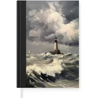 MuchoWow Notitieboek - Schrijfboek - Vuurtoren - Golven - Storm - Notitieboekje klein - A5 formaat - Schrijfblok