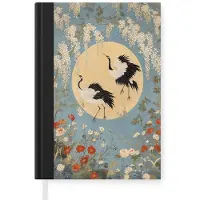 MuchoWow Notitieboek - Schrijfboek - Kraanvogels - Maan - Bloemen - Blauw - Notitieboekje klein - A5 formaat - Schrijfblok
