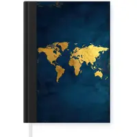 MuchoWow Notitieboek - Schrijfboek - Wereldkaart - Goud - Donkerblauw - Notitieboekje klein - A5 formaat - Schrijfblok