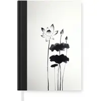 MuchoWow Notitieboek - Schrijfboek - Bladeren - Zwart - Lotusbloem - Minimalitisch - Notitieboekje klein - A5 formaat - Schrijfblok