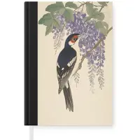 MuchoWow Notitieboek - Schrijfboek - Specht - Bloemen - Paars - Notitieboekje klein - A5 formaat - Schrijfblok