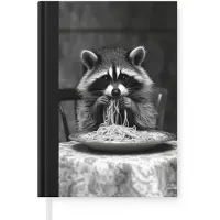 MuchoWow Notitieboek - Schrijfboek - Wasbeer - Cute - Pasta - Tafelkleed - Zwart - Wit - Notitieboekje klein - A5 formaat - Schrijfblok
