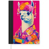 MuchoWow Notitieboek - Schrijfboek - Lama - Kimono - Bloemenkrans - Felroze - Notitieboekje klein - A5 formaat - Schrijfblok