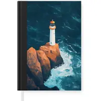 MuchoWow Notitieboek - Schrijfboek - Vuurtoren - Rots - Zee - Golven - Notitieboekje klein - A5 formaat - Schrijfblok