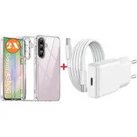 Ntech USB C Adapter - USB C Snellader 20W Met 1M Kabel - Hoesje Geschikt voor Samsung Galaxy A56 transparant Anti Shock silicone met 2x screenprotector- COMBI-SET