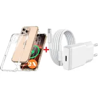 Ntech USB C Adapter - oplader - USB C Snellader 20W Met 1m Kabel - Hoesje Geschikt voor iPhone 16 Pro hoesje transparant Anti Shock silicone met 2x screenprotector- COMBI-SET