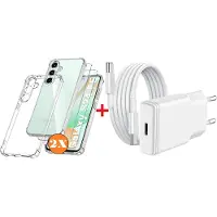 Ntech USB C Adapter S24 FE oplader - USB C Snellader 20W Met 1m Kabel - Hoesje Geschikt voor Samsung Galaxy S24 FE hoesje transparant Anti Shock silicone met 2x screenprotector- COMBI-SET