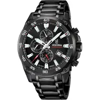 Festina quartz zwart heren horloge met zwarte wijzerplaat & roestvrij stalen band