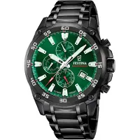 Festina quartz zwart heren horloge met groene wijzerplaat & roestvrij stalen band