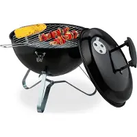 Relaxdays bolvormige grill, draagbaar, Ø 37 cm, picknickgrill voor tuin en park, houtskoolgrill met deksel, ronde grill, zwart