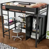 Merax Hoogslaper - 90 x 200cm - ruime opbergvakken - zonder matras - bed met kledingkast en trap - bureau - zwart