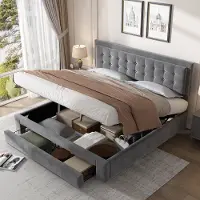 Merax Gestoffeerd Bed 160 x 200 cm - Opbergbed met Opbergruimte - Tweepersoonsbed met 2 Lades - Grijs - Zonder matras