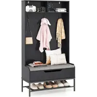 Costway Kapstok met zitbank, 4-in-1 garderobe met open vakken, schoenenkast en 3 haken, kledingstandaard met zitkussen, halgarderobe voor ingang, woonkamer, 90 x 38,5 x 170 cm