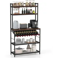 Costway Staand keukenrek, bakkersrek met wijnhouder, tot 10 flessen, magnetronrek met werkblad en 5 planken, vintage industrieel rek, metaal, staand rek voor keuken en eetkamer, bruin