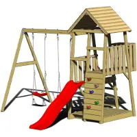 Wendi Toys Houten speeltoren salamander glijbaan, klimwand en 2 schommels