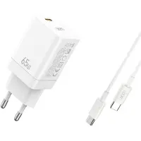 XO Wandlader, mobiele oplader, 65W GaN snellader, wit, USB-C naar USB-C