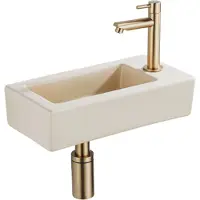 Qeramiq Fuente Fonteinset - 37.5x18.5x9cm - keramiek - kraangat rechts - fonteinkraan geborsteld messing - afvoerplug - verlaagd sifon - Mat Beige SW1122448/SW696208/SW696218/SW696238