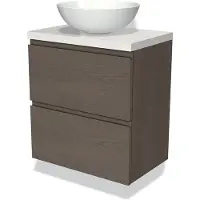 Maxaro Modulo Plato Slim Badkamermeubel voor waskom | 60 cm Donkerbruin eiken Greeploos front Hoogglans wit blad 2 lades onder elkaar