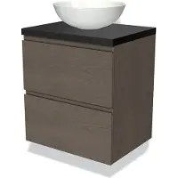 Maxaro Modulo Plato Badkamermeubel voor waskom | 60 cm Donkerbruin eiken Greeploos front Mat zwart blad 2 lades onder elkaar