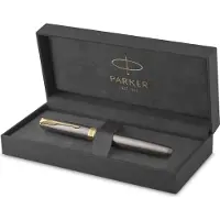 Parker Sonnet-vulpen | grijze lak met gouden details | medium roestvrijstalen penpunt met gouden coating | Blauwe inkt | geschenkverpakking