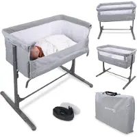Mobiclinic Moon - Co sleeper - 3 verstelbare hoogtes - Meegroeibed - Wip - Met matras - Wielen 360º - Campingbedje - Baby bed - Peuterbed - Wieg - Grijs