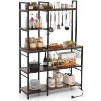 Costway Keukenrek, staand rek met stopcontacten, 5 etages, magnetronrek met planken en 10 S-haken, bakkersrek, metalen frame, tot 100 kg, voor keuken eetkamer, vintage bruin, 107 x 37 x 160 cm