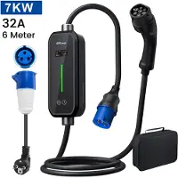 Junsun Draagbare 3.68/7kW 16/32A 1-Fase EV Laadkabel - Type 2 Laadpaal , 6M Kabel + LCD Scherm & Opbergtas - 6A/8A/10A/13A/16A/20A/24A/32A Schakelbaar - IEC62196-2 & IP65